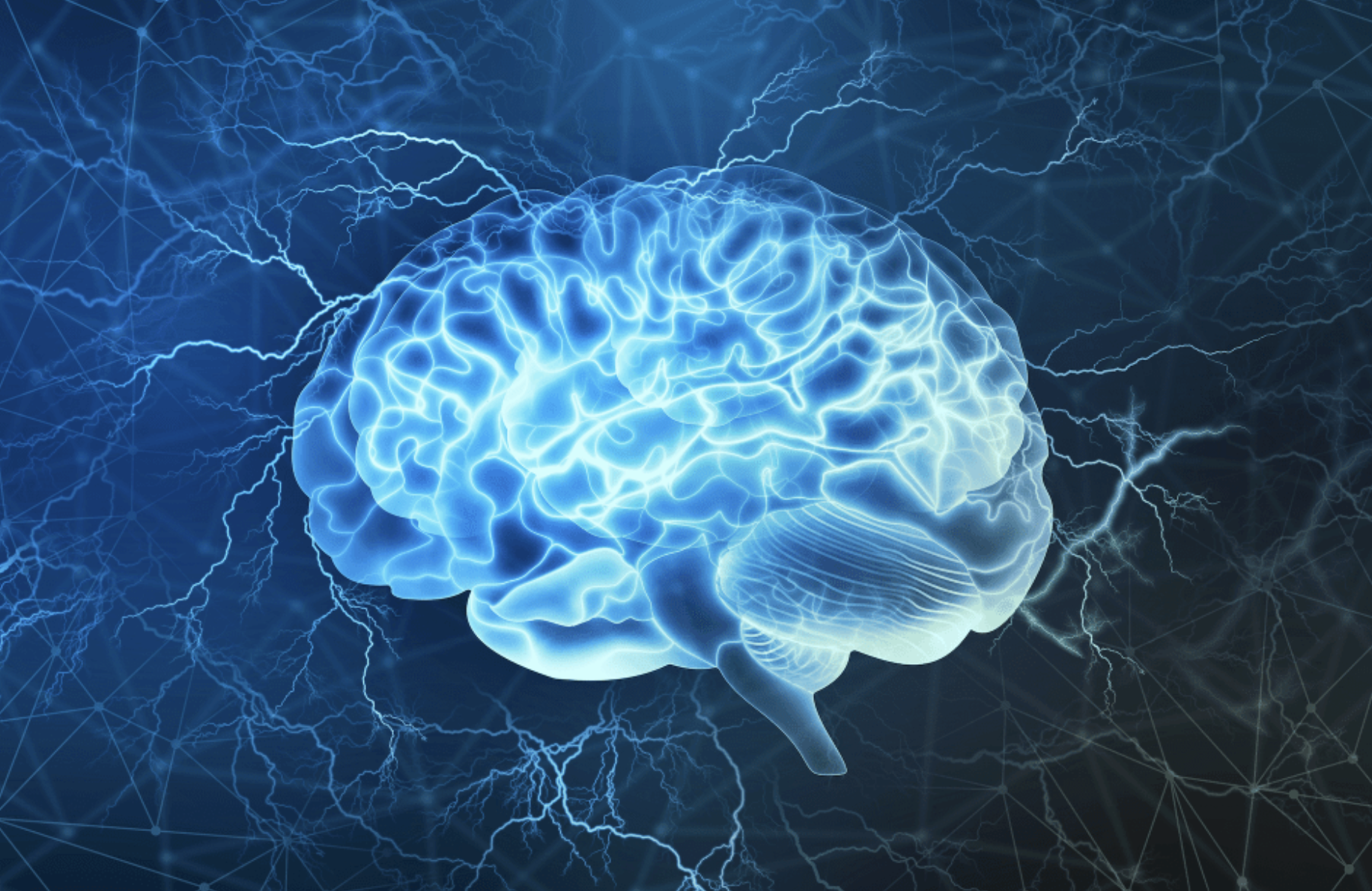 A glowing blue brain with electric currents running through it, symbolizing neural activity or intelligence.